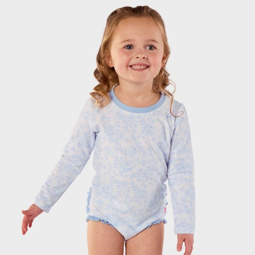 Baby Girls' Toile Floral Long Sleeve One Piece Rash Guard Swimsuit - Blue 12M